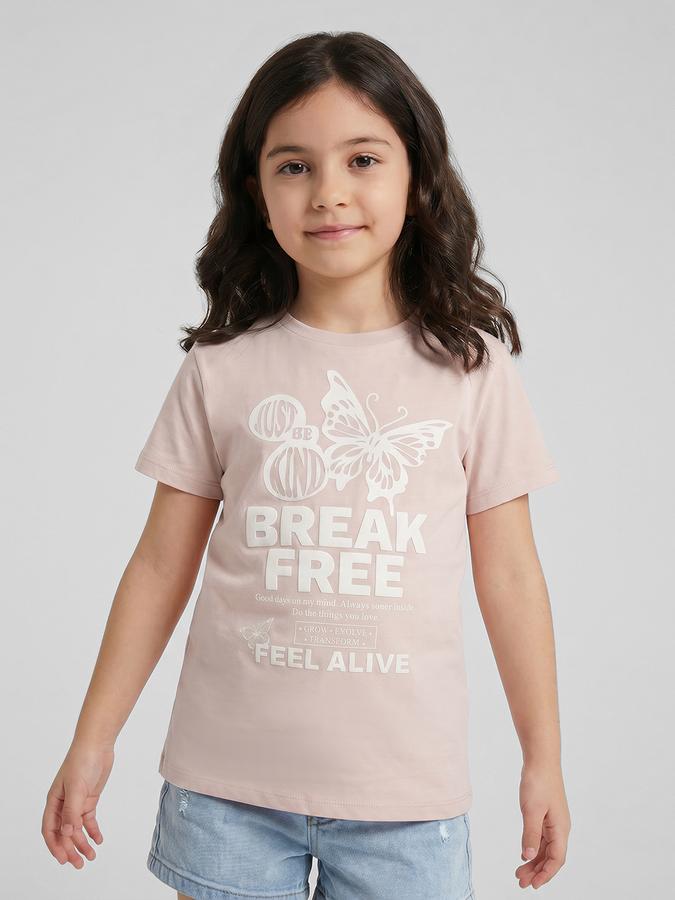 R&B White Graphic Print Girls Round Neck Regular Fit Short Sleeves T-Shirt