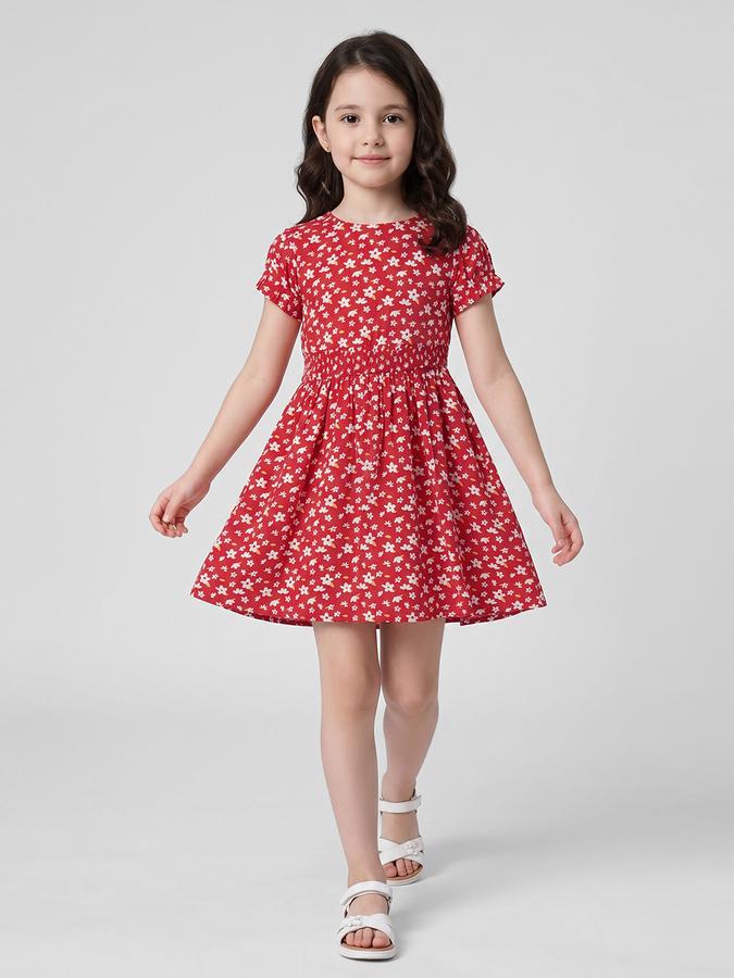 R&B Red Floral Print Round Neck Short Sleeves Fit and Flare Mini Girls Dress