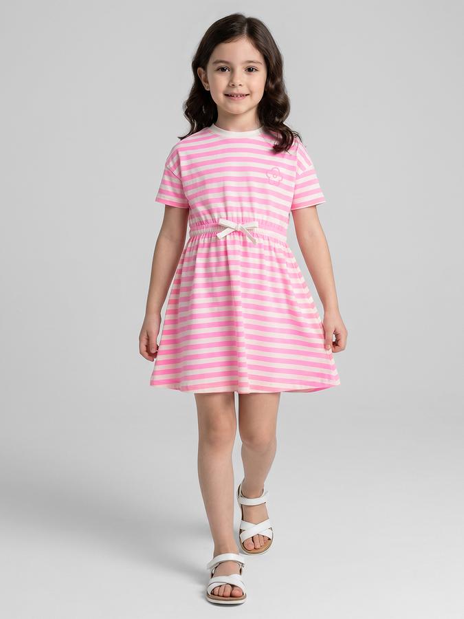 R&B Pink Striped Round Neck Short Sleeves Fit and Flare Mini Girls Dress