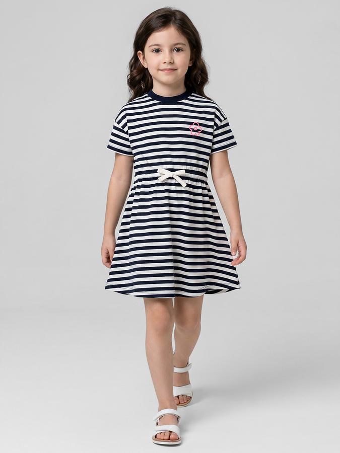 R&B Navy Blue Striped Round Neck Short Sleeves Fit and Flare Mini Girls Dress